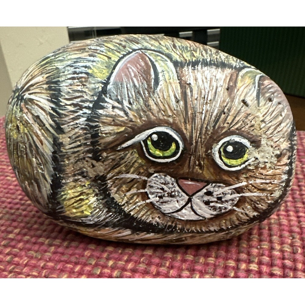 VTG Cat Door Stop Hand Painted Stone Rock Signed by Artist Kitty Cat Lover Decor